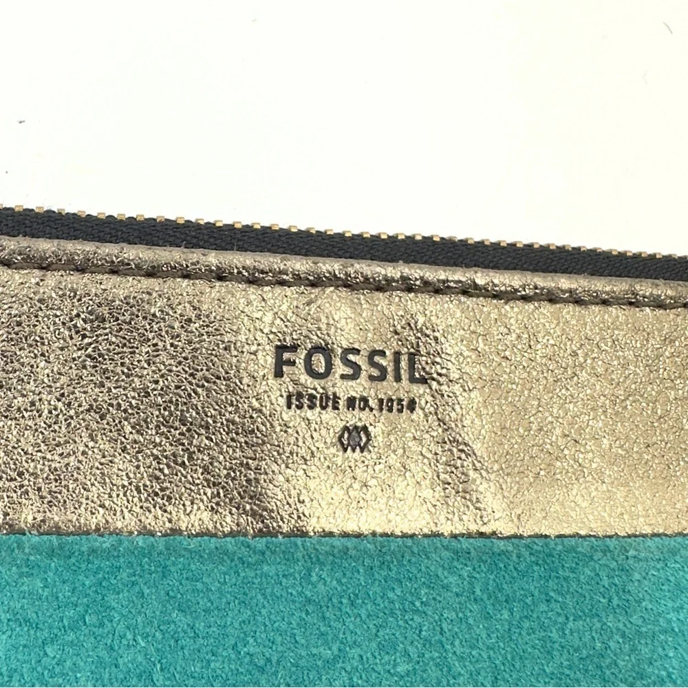 Fossil Leather Striped Wristlet Pouchette Wallet Bag Metallic Zip Pouch Clutch